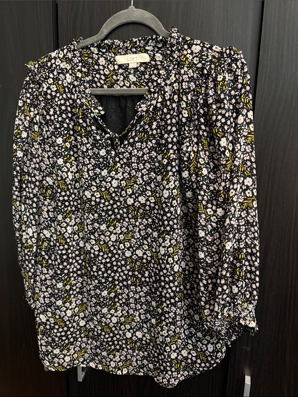 LOFT Black Floral Ruffled Collar Blouse